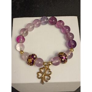 Vintage Beautiful Amethyst Beads with Four Leaf Clover Charm, Stretchy Bracelet